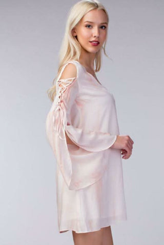 blush tie dye mini dress with bell sleeves