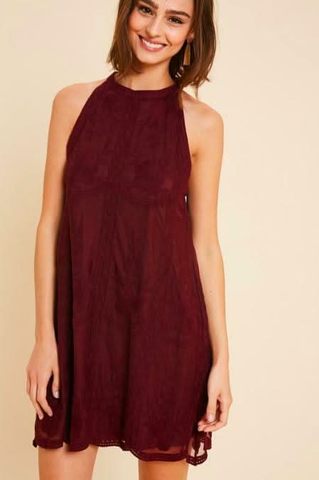 Donna Burgundy Lace Halter Mini Dress -  BohoPink