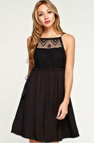 Black Crochet Bib Mini Dress - Beachy Boho Style