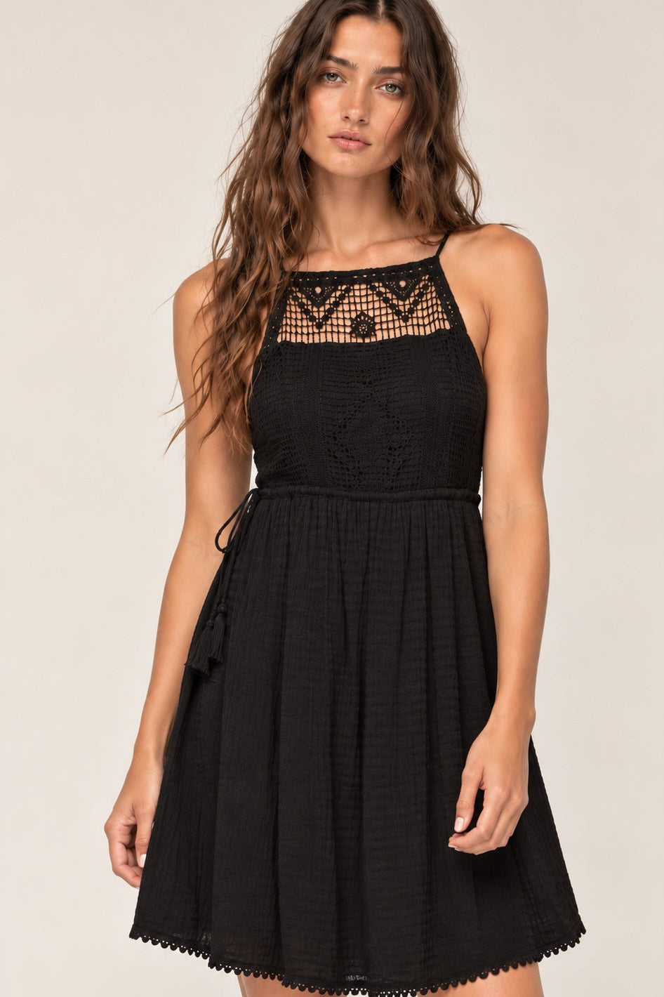 Black Crochet Bib Mini Dress - Beachy Boho Style
