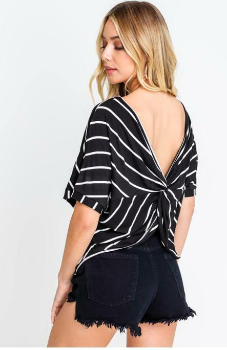 Black and Ivory Striped Twisted Back Tee