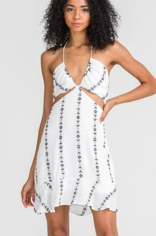 Lush Light and Day White Cross Front Halter Dress, cutout style with ruffle trim