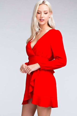 Second Chance Red Wrap Dress side view showing surplice wrap bodice