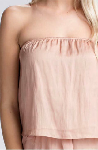Gaea Champagne Blush Satin Strapless Romper - detail view