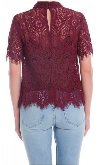 Meet Me Later Burgundy Lace Mock Neck Top - Back View 