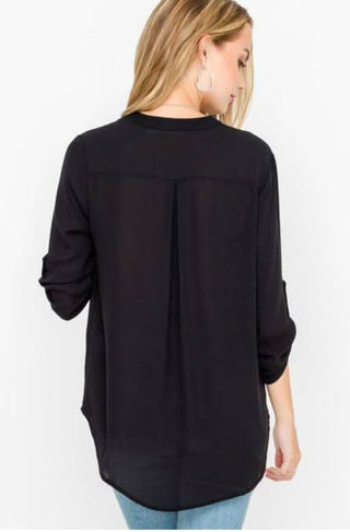 See That Girl Black Roll Tab Sleeve Top - Back View