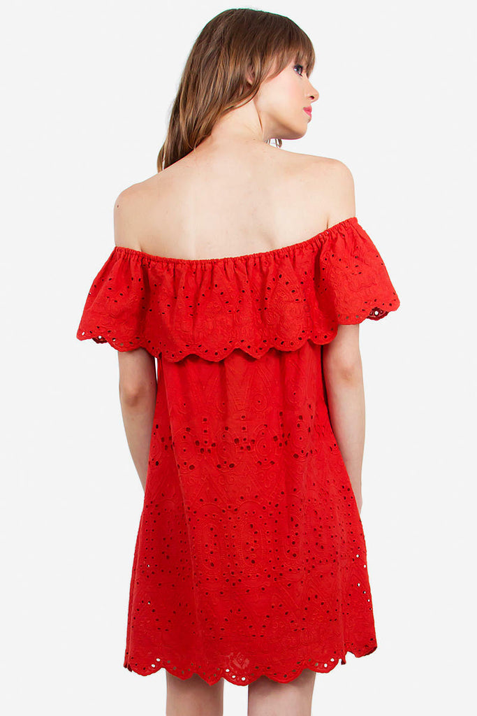 Alegre Red Off-The-Shoulder Ruffle Dress -  BohoPink