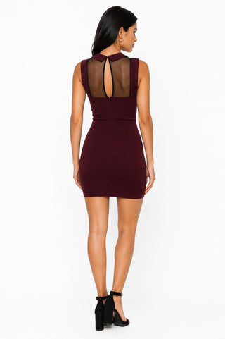Sheer Panel Burgundy Collar Dress - Back View