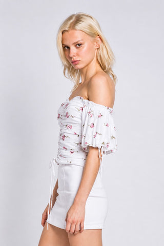 Summer Garden Purple and White Floral Print Off-the-Shoulder Top - Side View