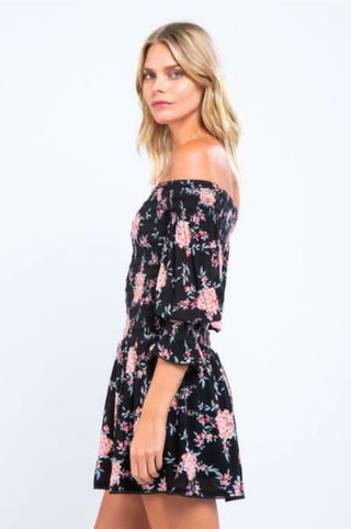 Black floral puff sleeve mini dress side view