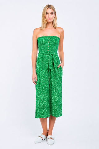 Vineyard Villa Green Floral Strapless Culotte Jumpsuit - Tube Jumpsuit Front View
