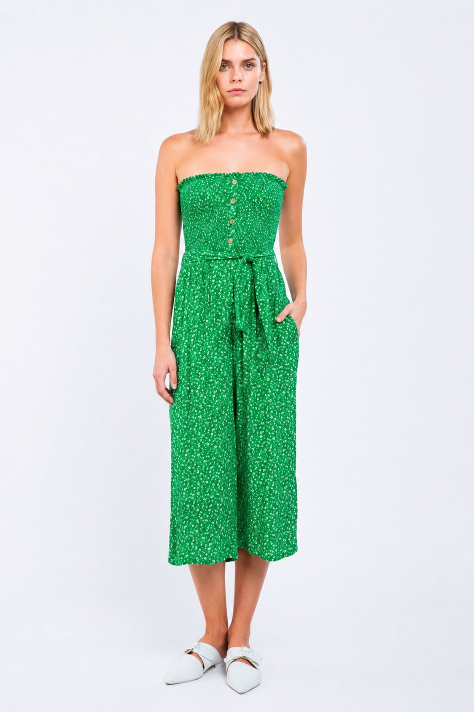 Vineyard Villa Green Floral Strapless Culotte Jumpsuit - Tube Jumpsuit Front View