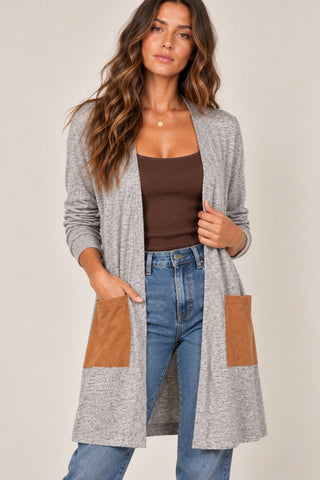Fancy Focus Grey Suede Patch Pocket Cardigan - Detail View
