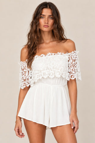 Lush Just A Dream Lace Off-The-Shoulder White Romper - Front View