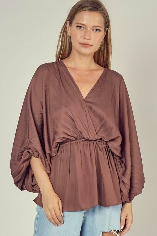 Brown Dolman Sleeve Surplice Top