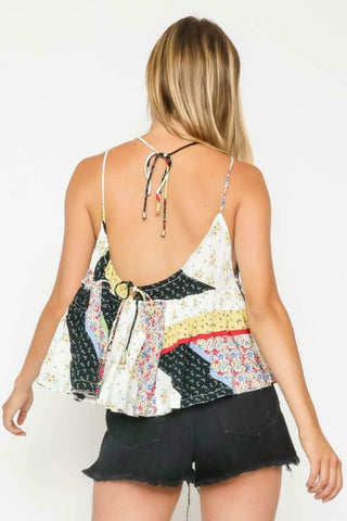 Summer Bliss Navy Patchwork Print Ruffle Halter Top back view