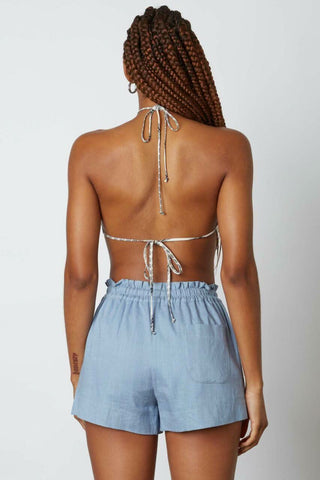 Slate blue relaxed fit summer shorts with drawstring waist - back view