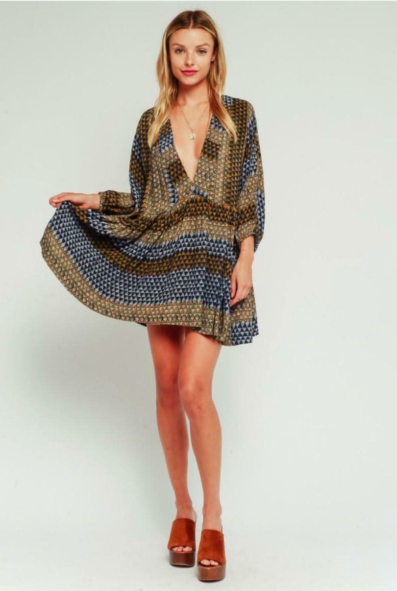 Indigo and Gold Print Plunge Neck Swing Dress