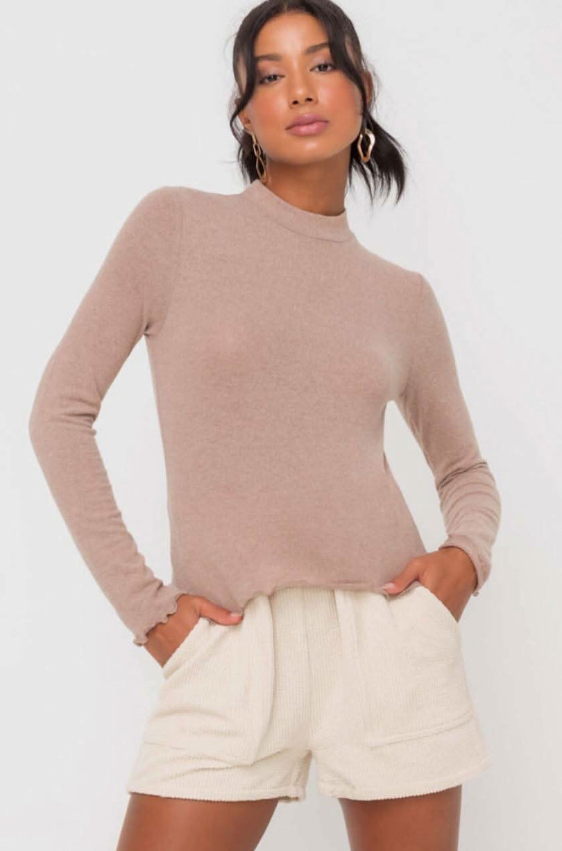 Mocha Mock Neck Long Sleeve Tops