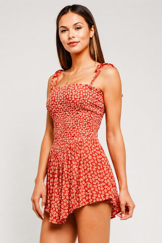 Monika Orange Leaf Print Smocked Romper - Side View