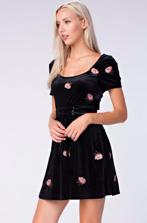 Black Floral Velvet Short Sleeve Corset Dress