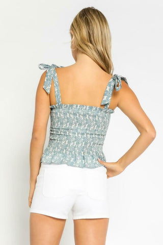 Ava Cream and Blue Floral Smocked Ruffled Tie Strap Top back