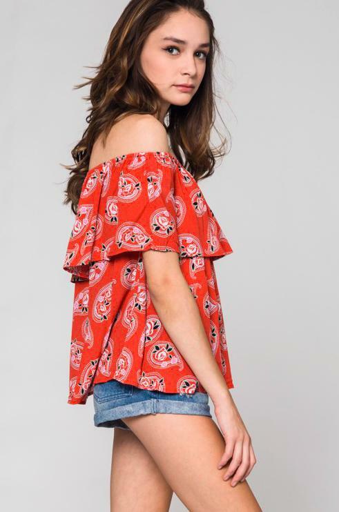 Paisley Print Ruffle Off-the-Shoulder Top