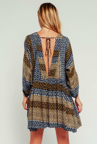 Rachel Indigo and Gold Plunge Swing Dress back view