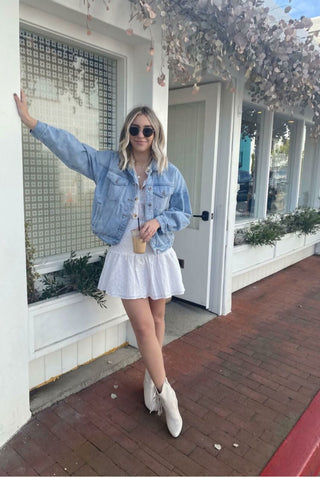 White Eyelet Mini Dress Styled with Denim Jacket - Preppy Outfit