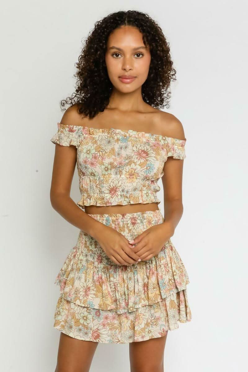 Taupe Floral Two-Piece Ruffle Mini Dress 