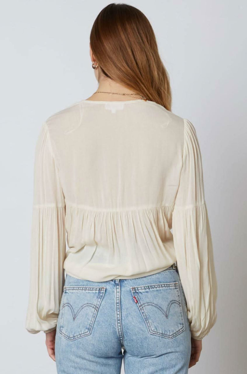 Gia Ivory Long Sleeve Tie-Front Crop Top -  BohoPink