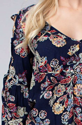 navy floral print boho blouse fabric detail