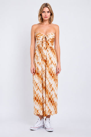 Beach Sunset Orange Print Strapless Jumpsuit - Boho Style - Front View