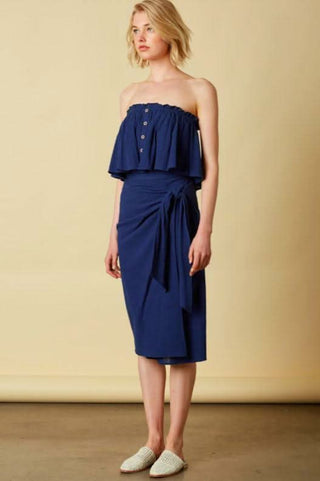 Boho navy blue strapless flounce crop top and wrap skirt set 