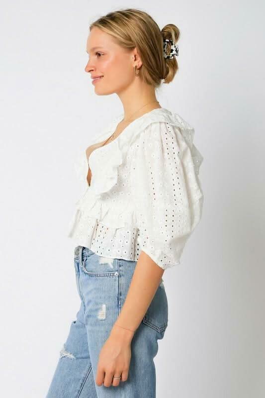 White Eyelet Ruffle Crop Top