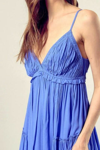 Blue ruffle flowing mini dress with adjustable spaghetti straps