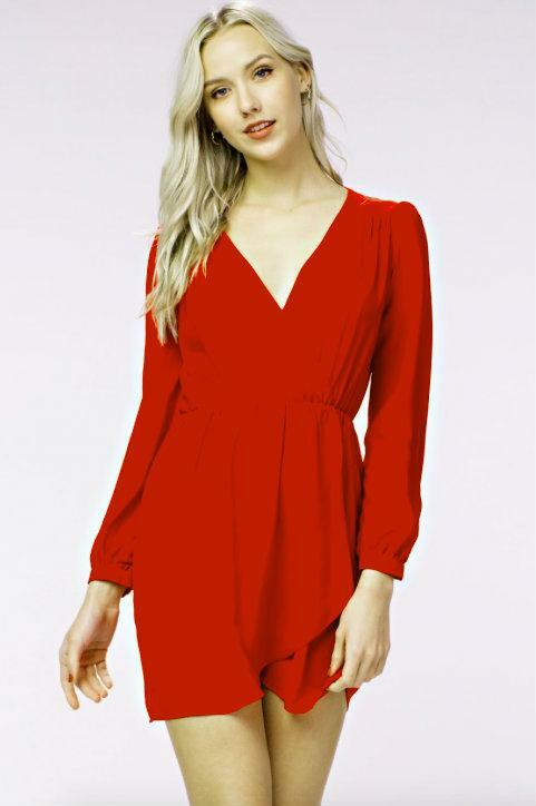 Red Long Sleeve Wrap Dress 