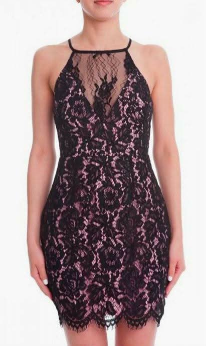 Black and Pink Lace Bodycon Mini Dress