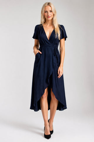 Come Together Navy Blue Midi Wrap Dress - Front View