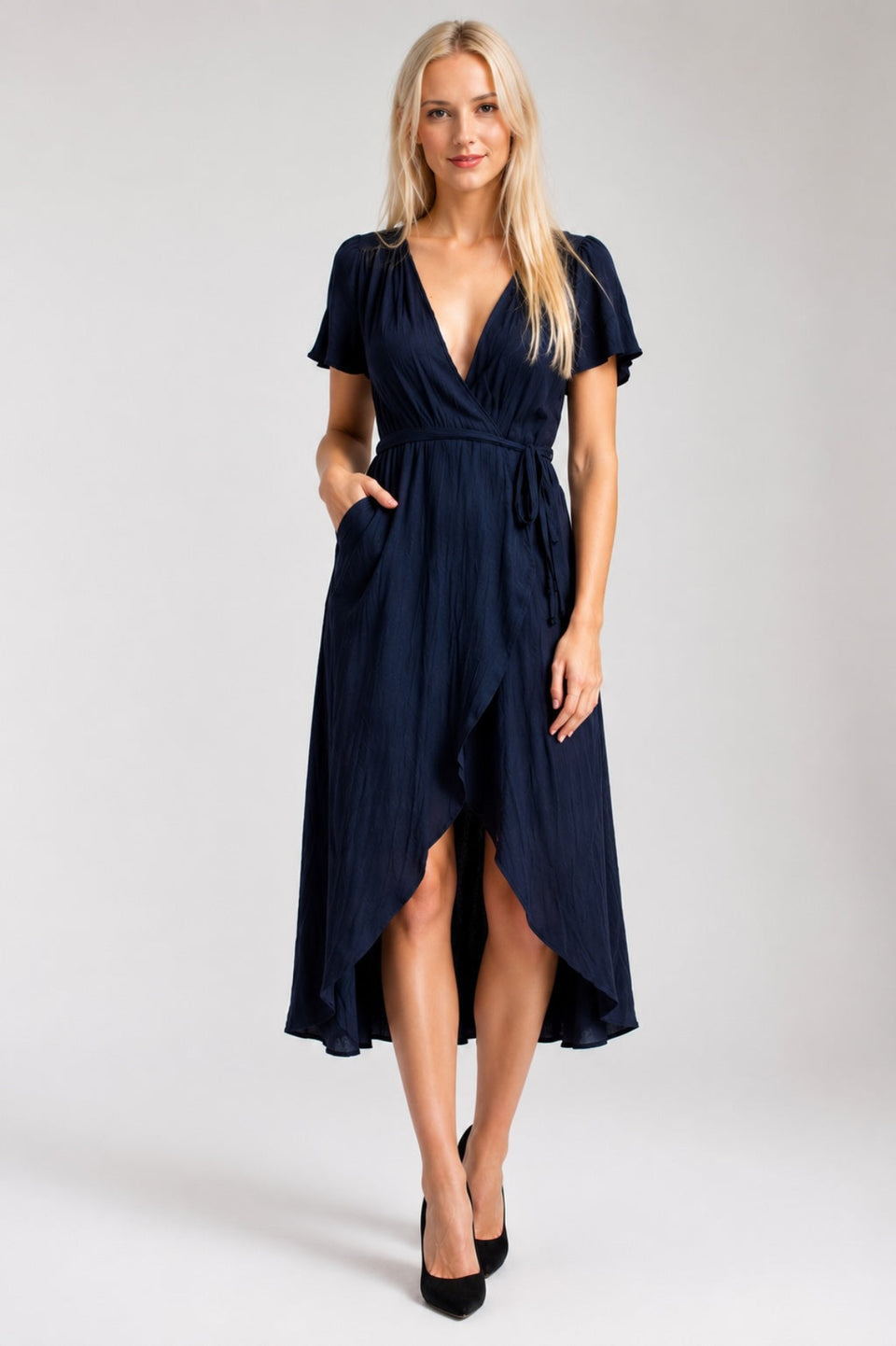 Come Together Navy Blue Midi Wrap Dress - Front View
