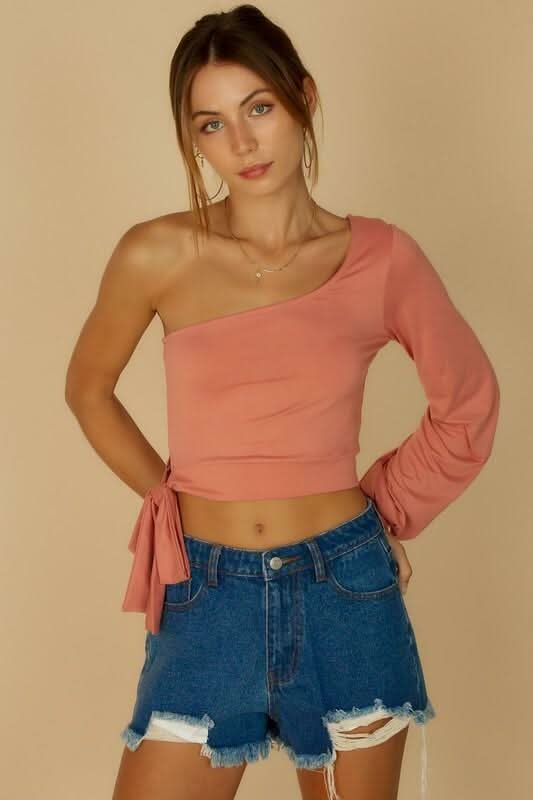 Rose One Shoulder Long Sleeve Side Crop Tie Top Boho Pink