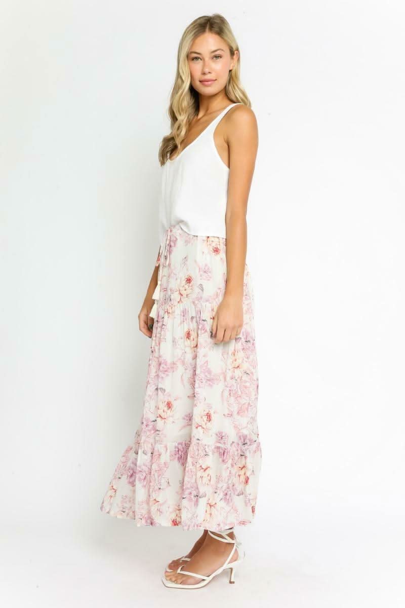 Daphne Ivory Floral Print Ruffle Midi Skirt -  BohoPink