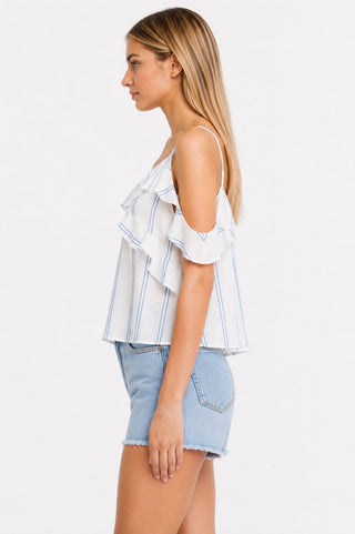 Meg White and Blue Striped Ruffle Top - Side View