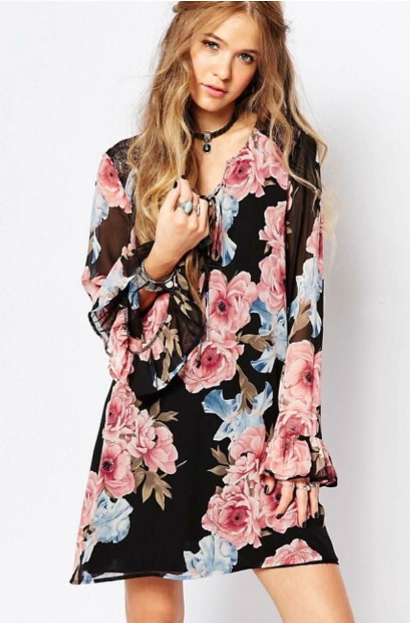 Black Floral Shift Dress with Bell Sleeves | Boho Pink Black Floral Shift Dress with Bell Sleeves | Boho Pink