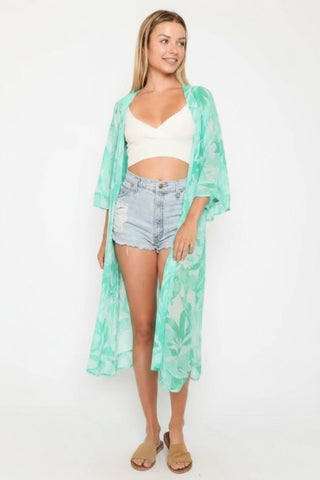 Daydream Mint and Aqua Leaf Print Kimono front