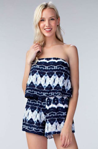 seaside navy and white tie-dye strapless romper front view with ruffle overlay