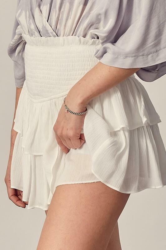 White Ruffle Smocked Waist Mini Skirt