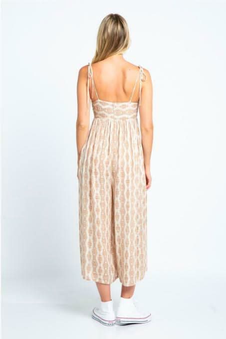 Goa Cream Print Tie-Front Midi Jumpsuit -  BohoPink