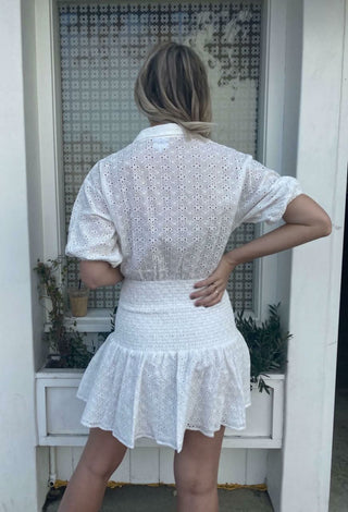 Blair White Eyelet Dress Back View - Smocked Drop Waist and Ruffle Hem