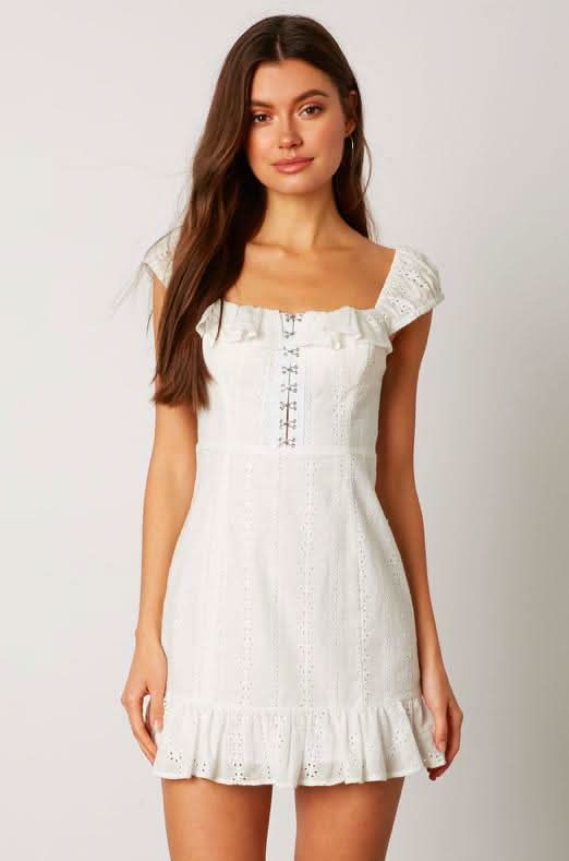 Cotton Candy La White Eyelet Hook & Eye Mini Dress - Size L - Ruffled Neckline & Hem - Final Sale Cotton Candy La White Eyelet Hook & Eye Mini Dress - Size L - Ruffled Neckline & Hem - Final Sale